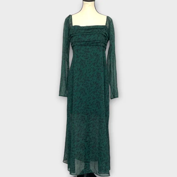 Abercrombie & Fitch Emerson Chiffon Dress LARGE Midi Green Fairycore Whimsigoth - Picture 2 of 11